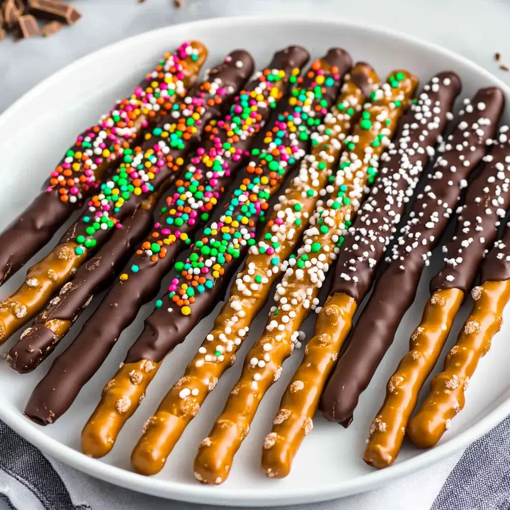 A plate of chocolate-covered pretzel sticks covered in sprinkles and fun colorful zigzags.
