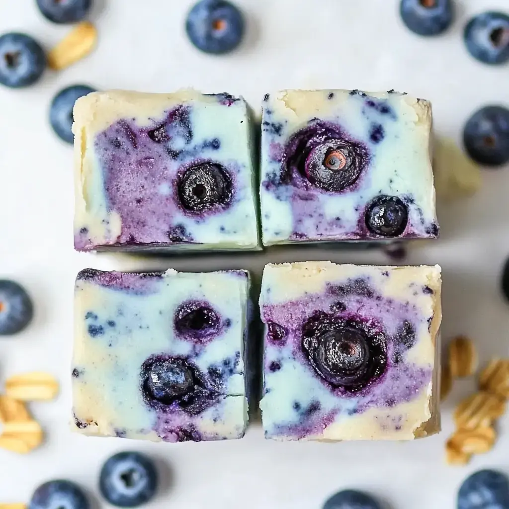 A neat group of four blueberry squares sits with loose oats and berries around them, showing off their layers.