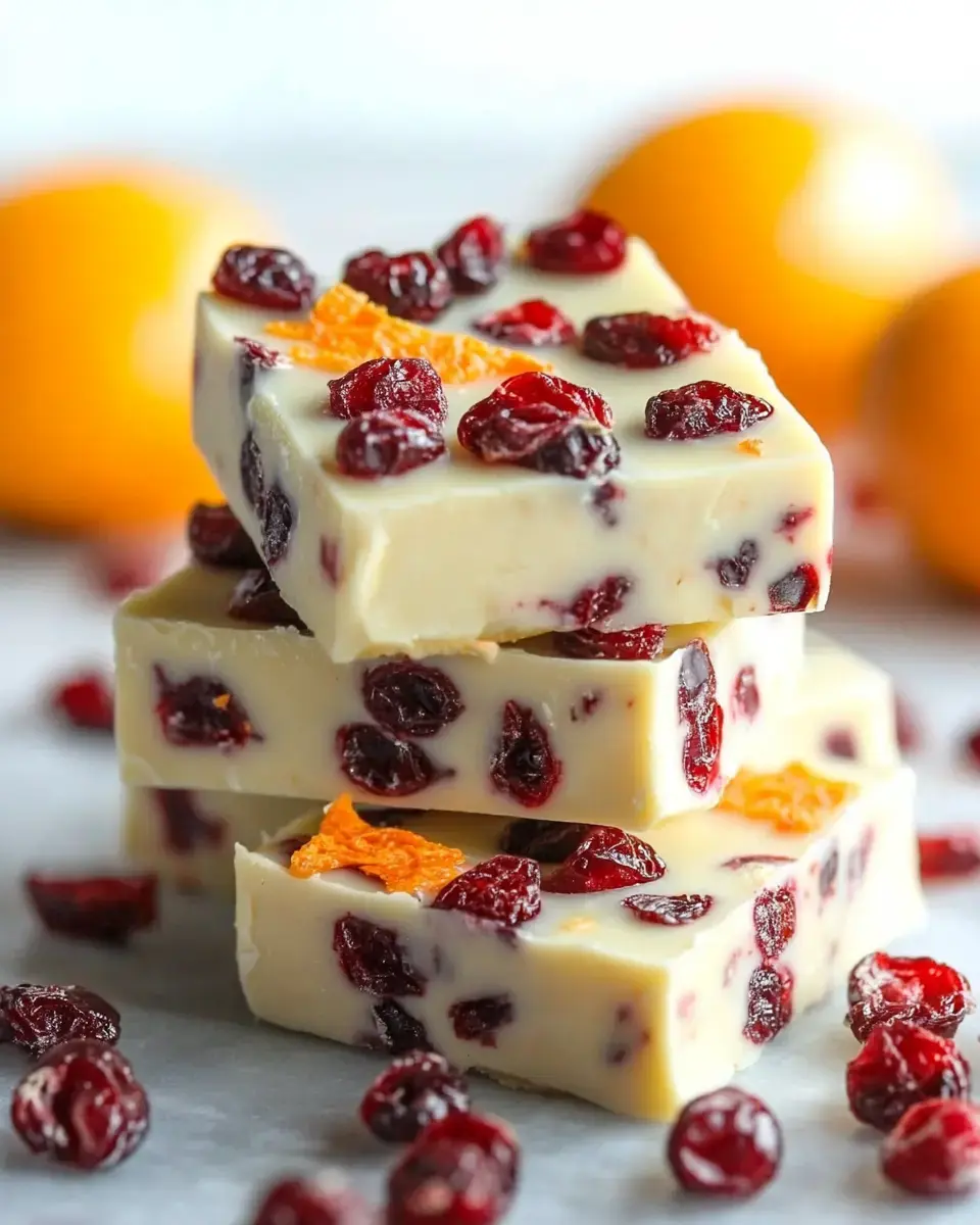 Creamy white fudge chunks filled with cranberries and topped with orange zest, with dried cranberries and fresh oranges scattered behind.