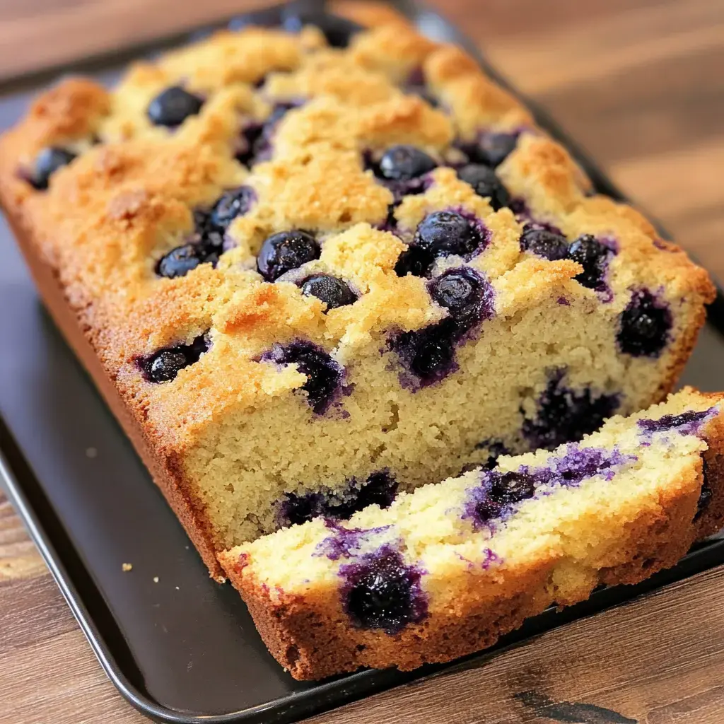 A picture of a blueberry loaf cake just sliced open, showing off the moist crumb and pockets of blueberries inside.