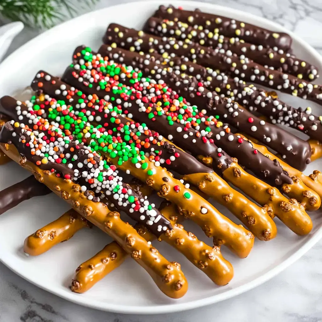 A white plate topped with caramel and chocolate dipped pretzel rods and lots of bright festive sprinkles.