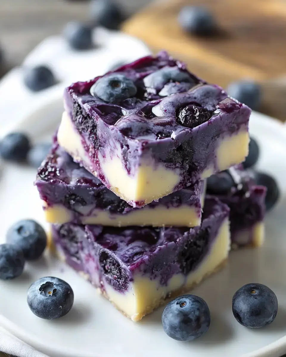 A white plate holds three stacked blueberry treats. They’ve got a creamy layer and shiny blueberry topping, with loose blueberries scattered around.