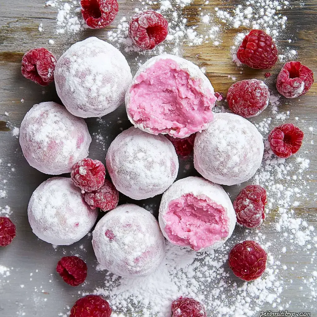 Bird’s-eye view of pink raspberry balls, a few with bites, scattered among whole raspberries and snowy with powdered sugar.