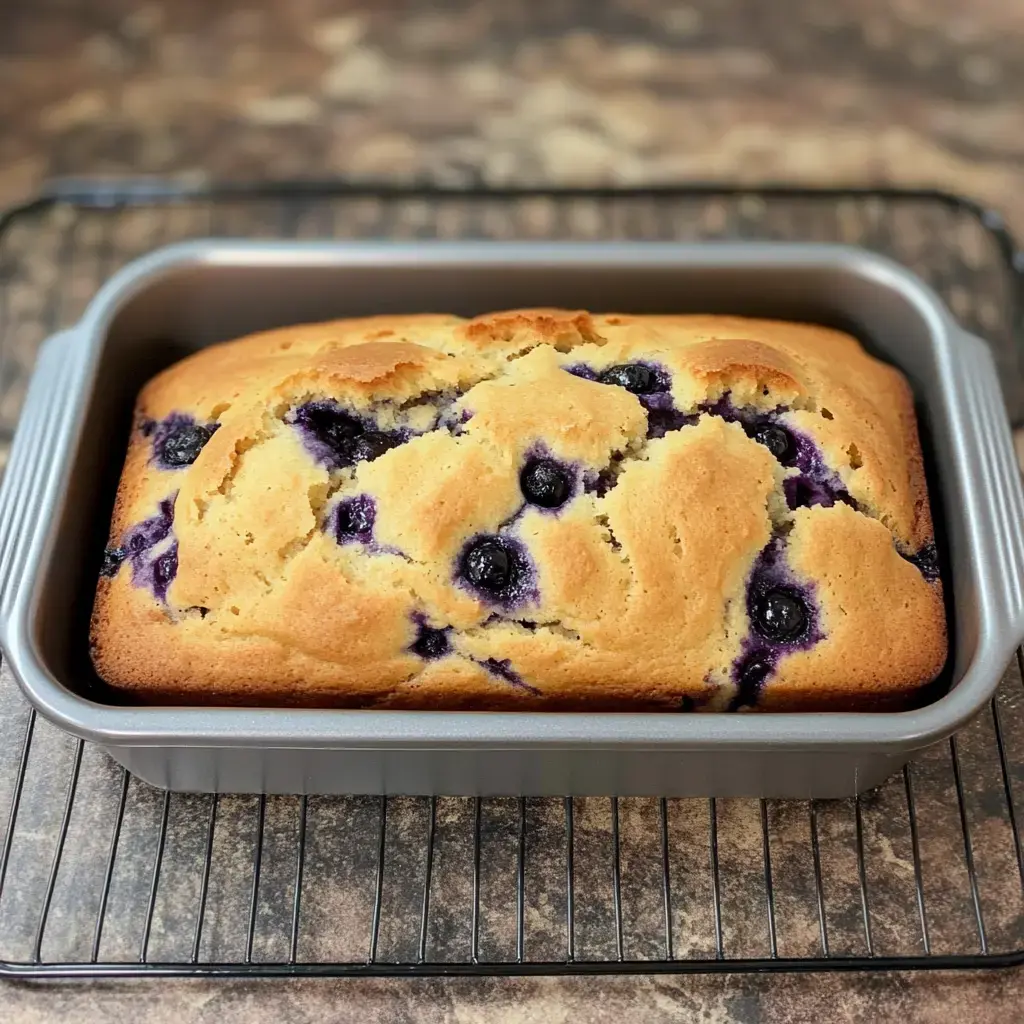 Fresh from the oven, a blueberry loaf cake cools in a baking tin, resting on a rack.