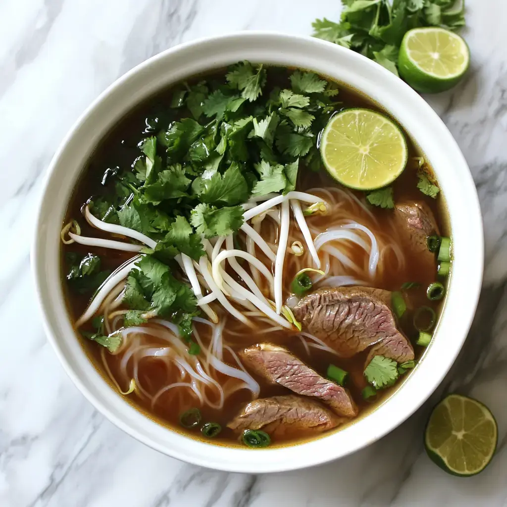 A marble countertop holds a steaming bowl filled with beef, rice noodles, bean sprouts, lime wedges, and vibrant herbs.
