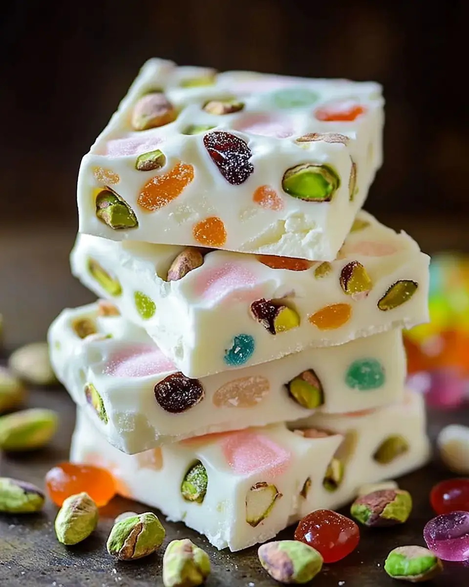 Colorful white chocolate squares stacked up with nuts and candies scattered around, plus a few pistachios in the shot.