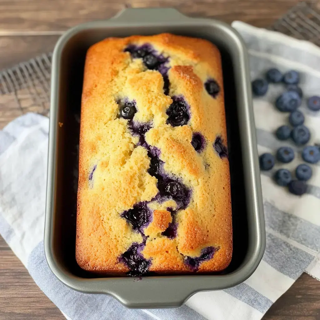 A loaf pan with blueberry bread set on a wooden counter, plenty of berries peek through the top alongside a blue striped towel.