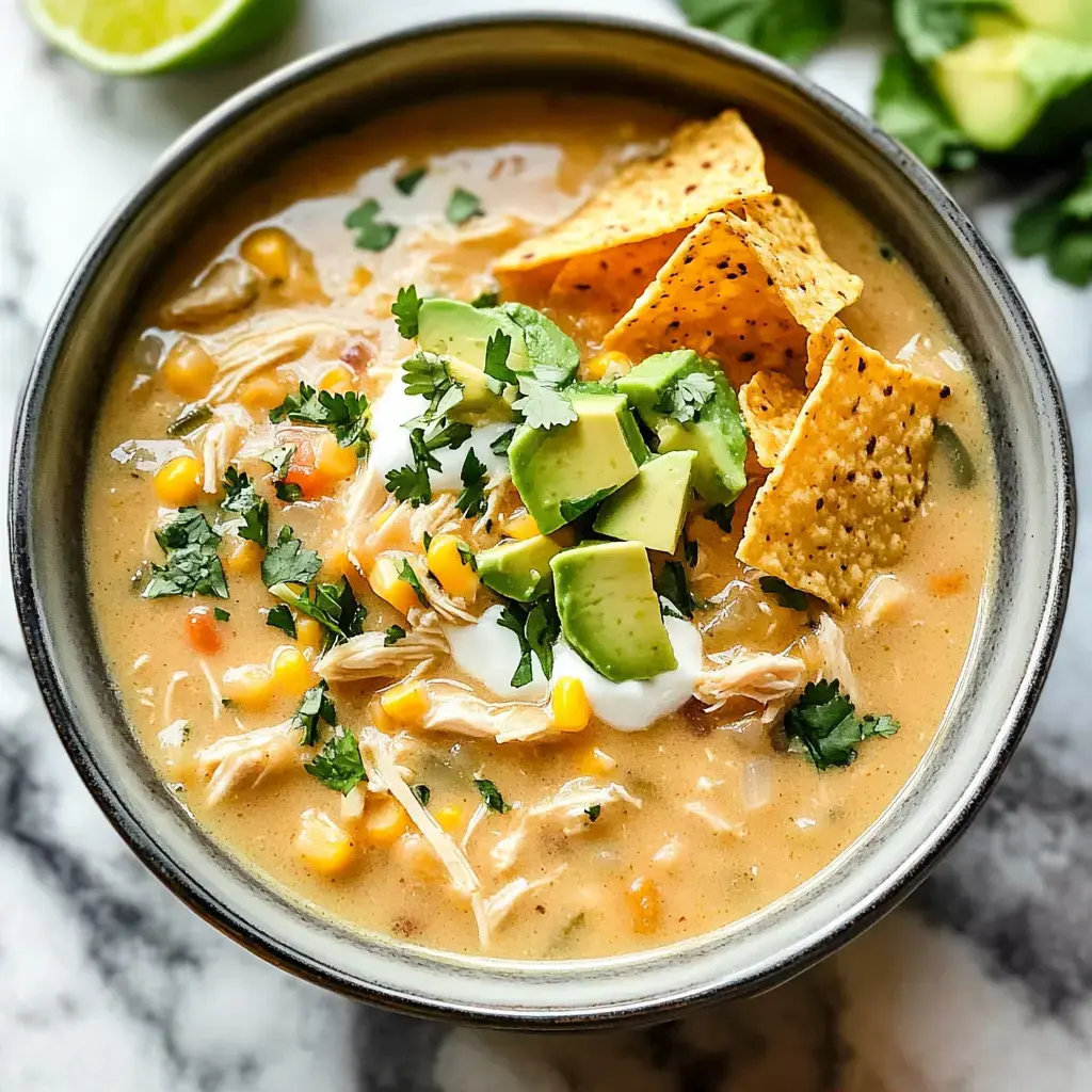 A creamy bowl of chicken soup covered with corn, avocado slices, cilantro, dollops of sour cream, and tortilla chips.