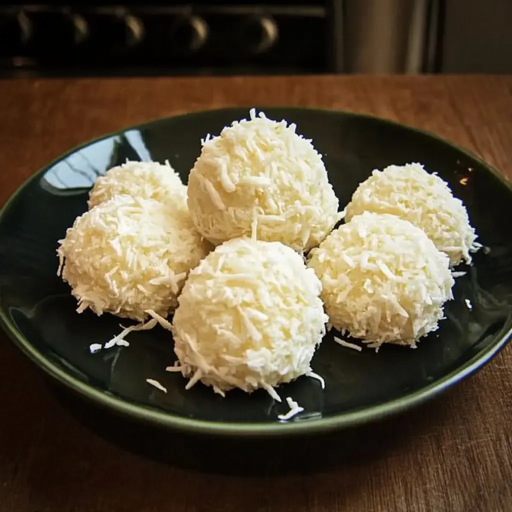 Six fluffy coconut balls piled on a dark green plate, all topped with snowy coconut flakes.