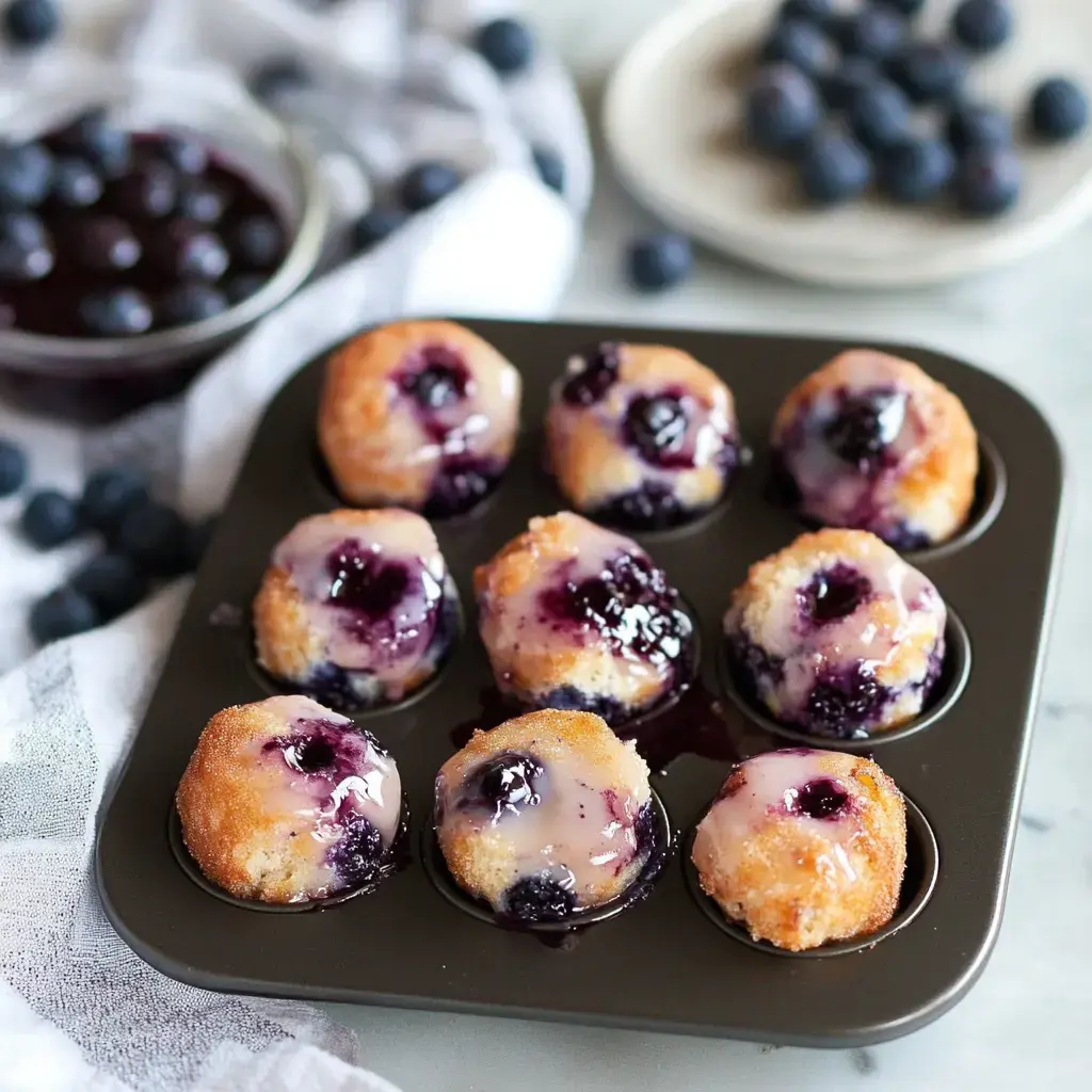 Mini blueberry donuts sitting on a tray, dripping with icing, surrounded by whole berries.