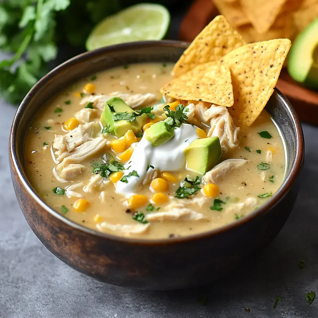 A cozy bowl of creamy chicken soup dotted with corn, avocado, fresh herbs, sour cream, and tortilla chips, with limes and herbs in the background.