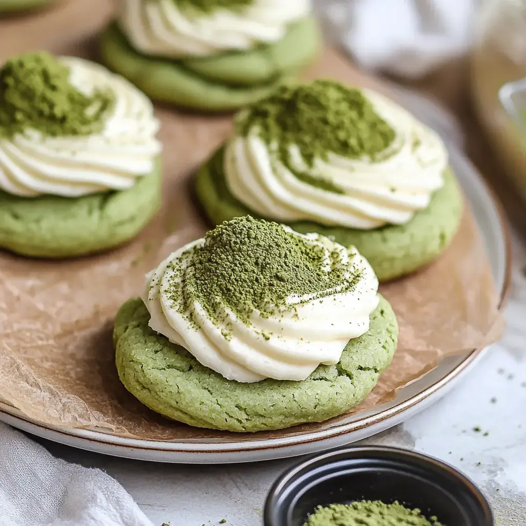 A plate stacked with green tea cookies piled high with creamy white frosting and a dusting of matcha powder.
