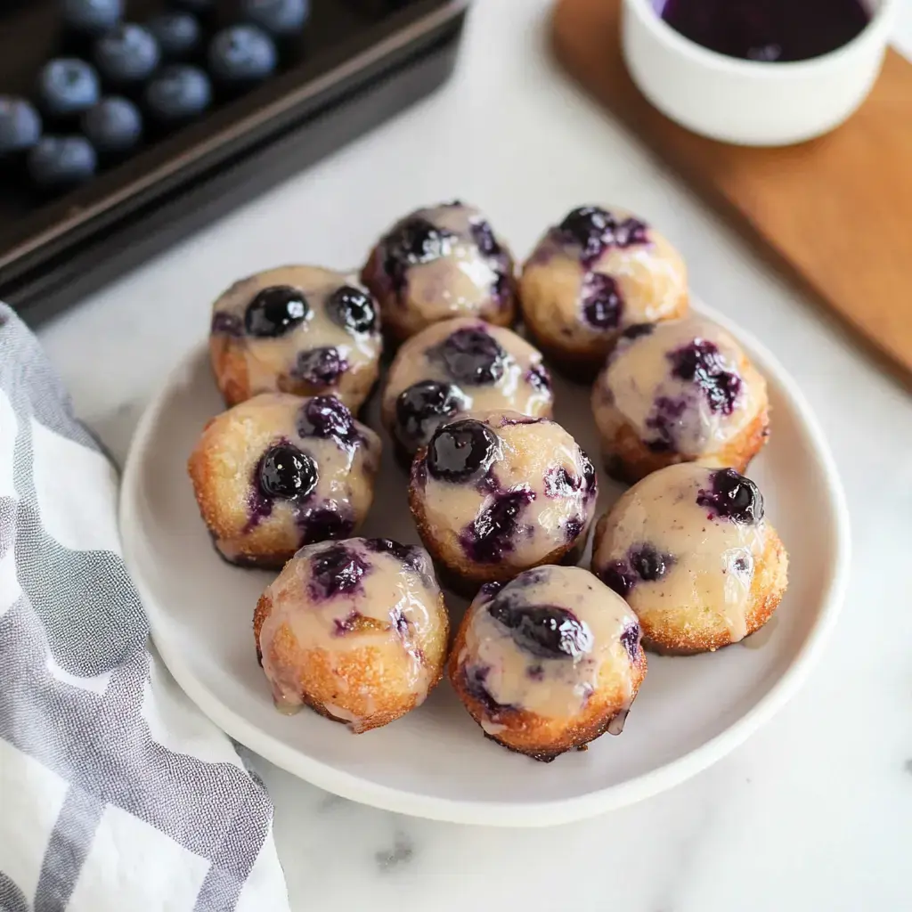 Glossy blueberry muffins on a white plate, bright with blueberries, a bowl of sauce, and more berries on the side.