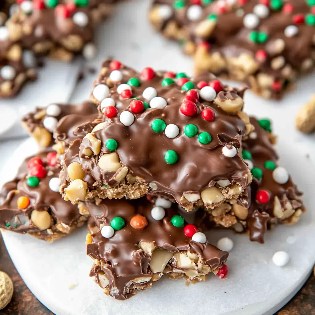 Close-up of chocolatey bites topped with colorful sprinkles and nuts for the holidays.