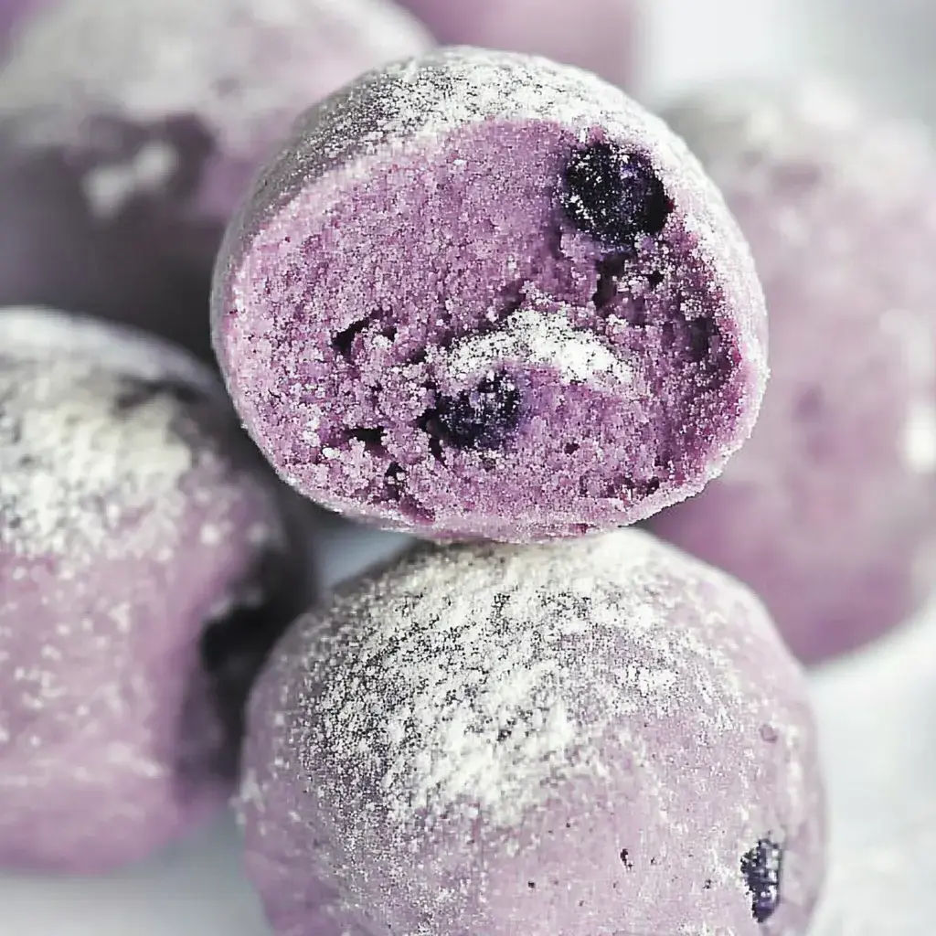 Bright purple candies rolled in powdered sugar, with one cut open showing a soft center bursting with bits of dark fruit.