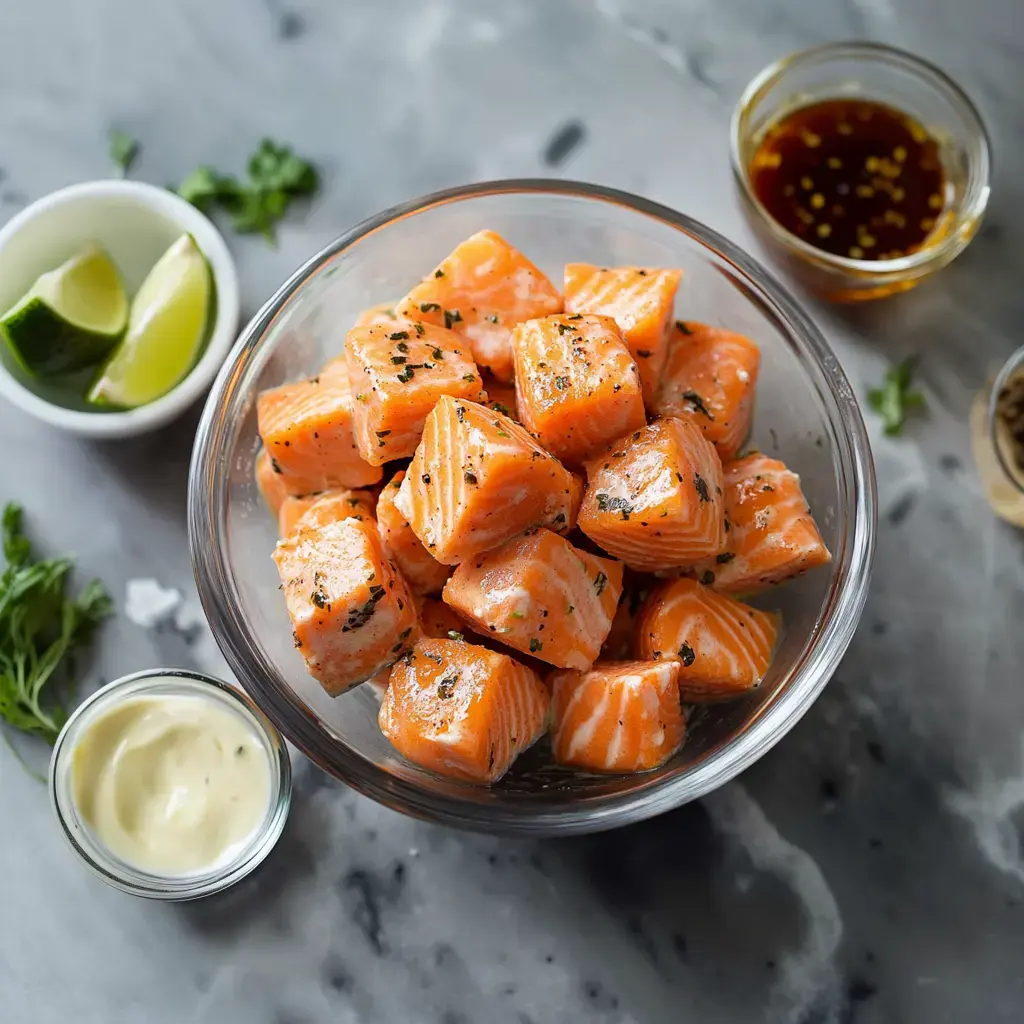 Chunks of salmon marinating in a bowl, surrounded by lime wedges, some mayo in a small dish, and a dipping sauce nearby.