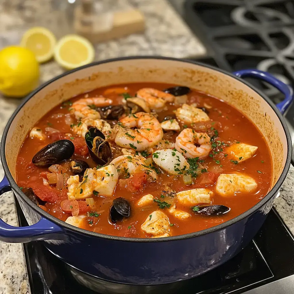 A lively simmering pot brimming with shrimp, mussels, fish, all in tomatoey sauce, topped with herbs and served with lemons close by.