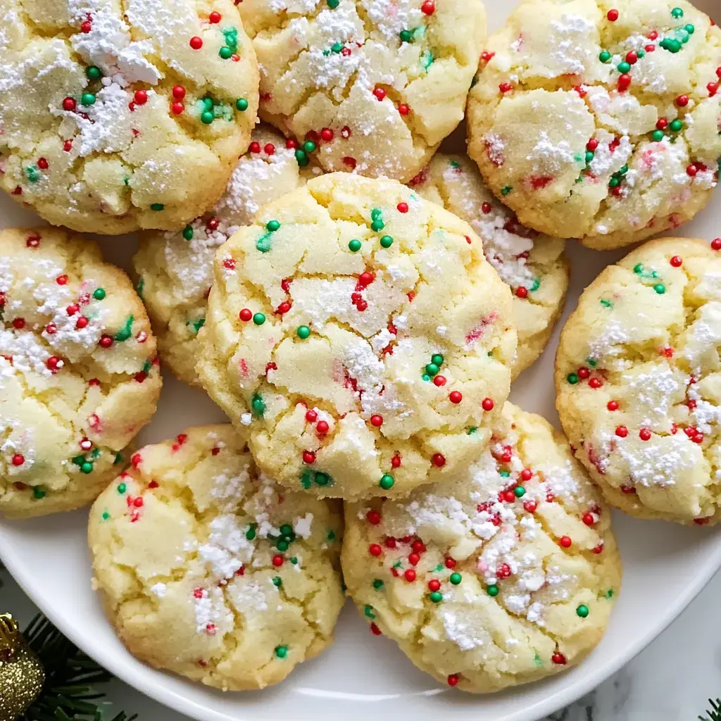 Festive cookies dusted with powdered sugar and topped with green and red sprinkles sit close together on a white plate.