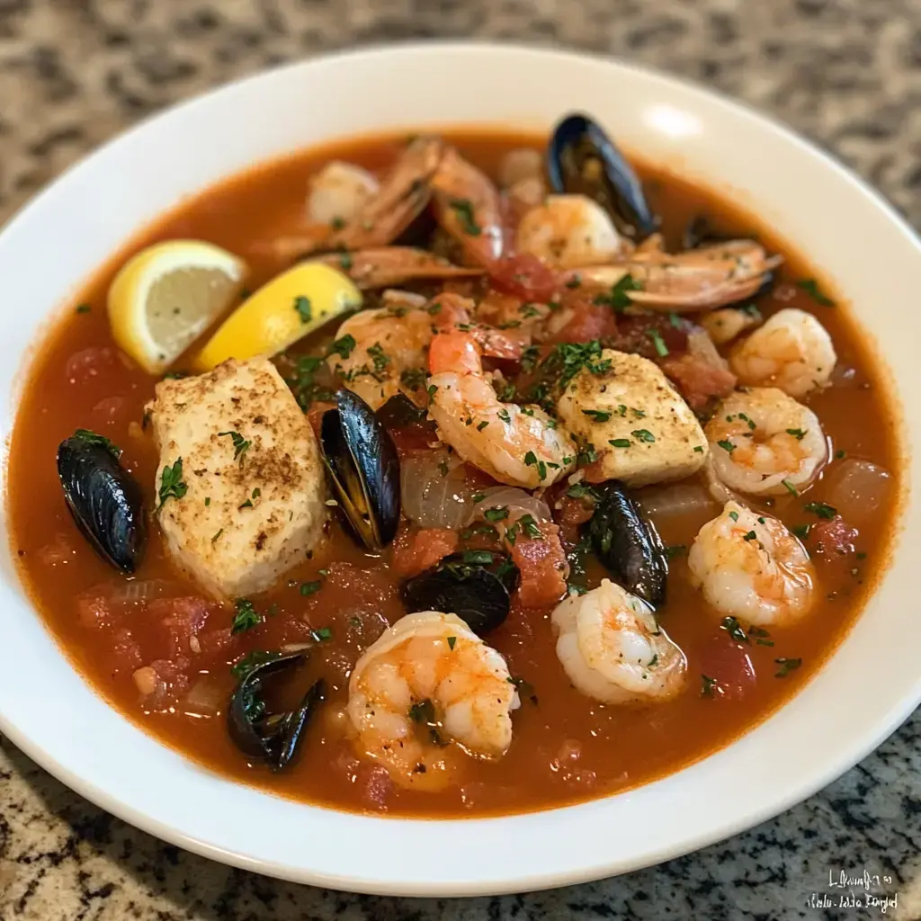 A bowl overflowing with seafood goodness—shrimp, mussels, and flaky fish resting in deep red tomato sauce, topped with parsley and lemon on top.