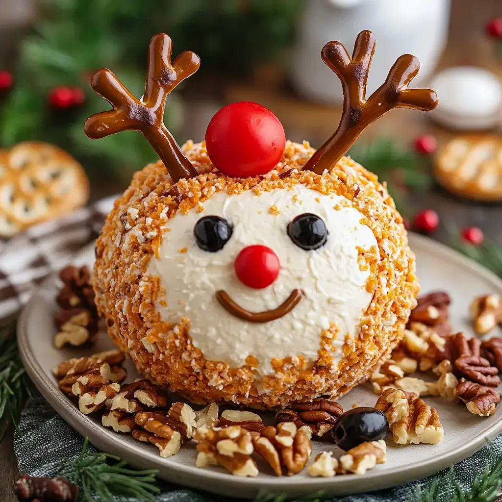 This festive cheese ball looks just like a reindeer, with pretzel antlers, a bright red nose, and plenty of snacks around it.