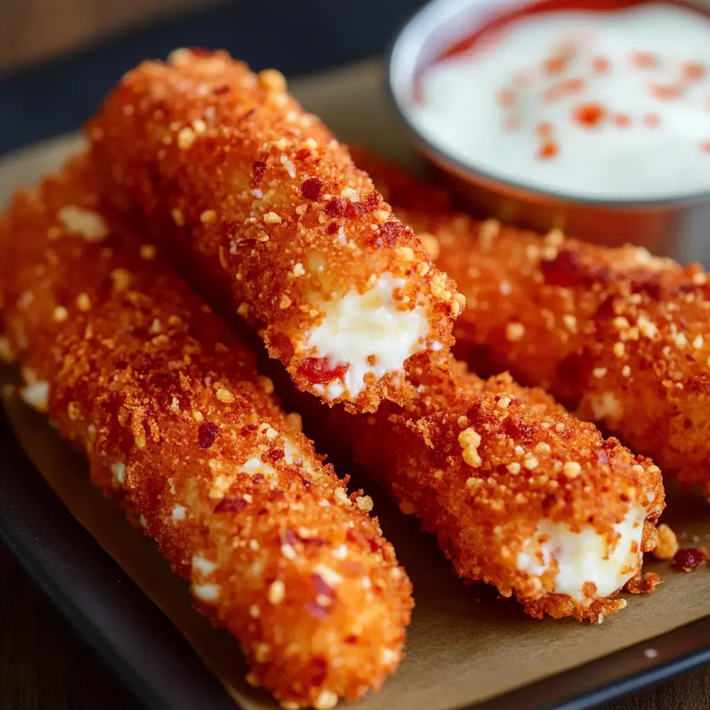 A plate covered in crunchy, golden mozzarella sticks next to a dipping sauce.