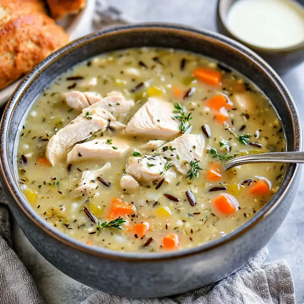 Creamy soup packed with chicken, veggies, and fresh herbs in a bowl, next to a shiny spoon.