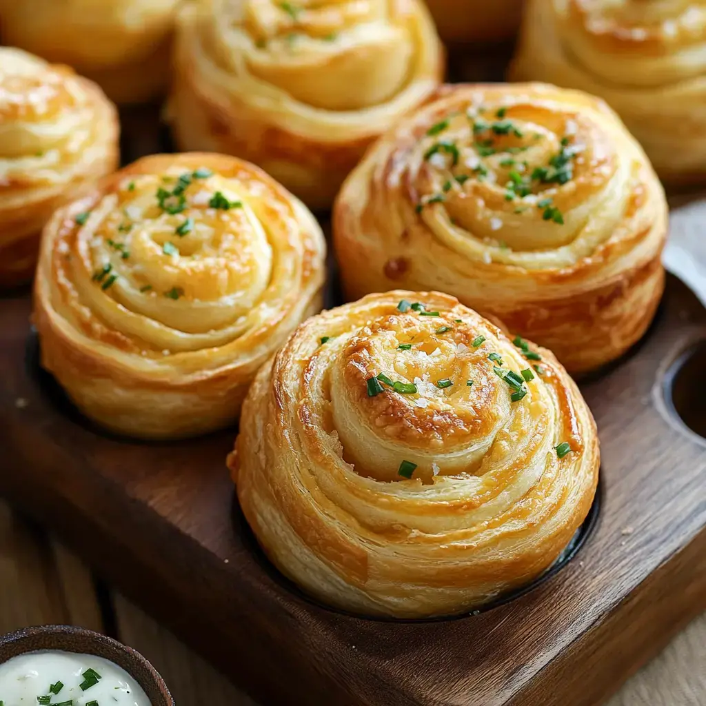 Golden spiral rolls topped with green chives, sitting on a wooden board up close.