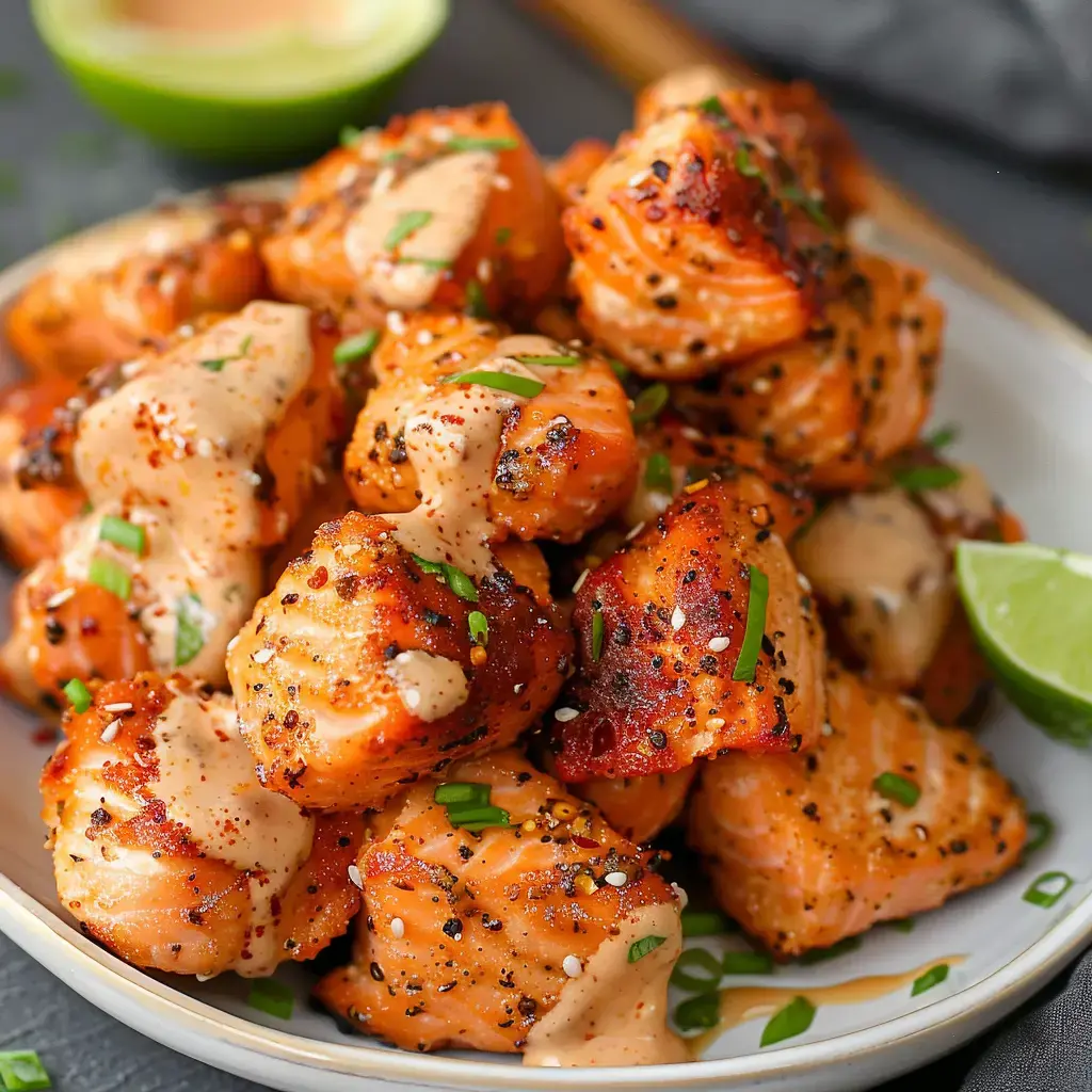 Close look at grilled salmon bites covered with creamy sauce, green onions, and lime wedges.