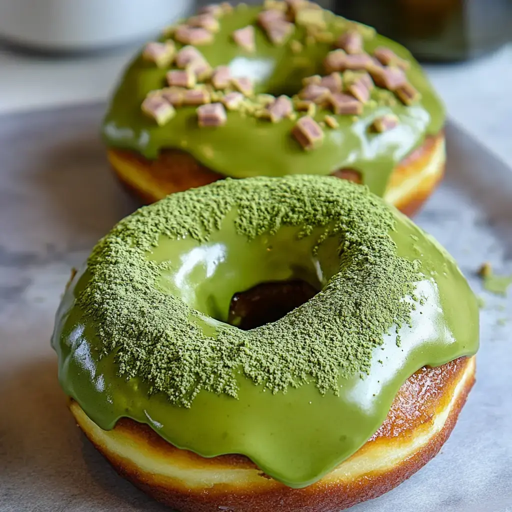 Two donuts with glossy green glaze—one has candy bits on top, the other sports a dusting of matcha powder.