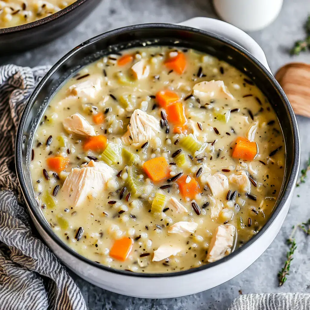 Close shot of creamy chicken and wild rice soup, loaded with chicken, carrots, and celery in rich broth.