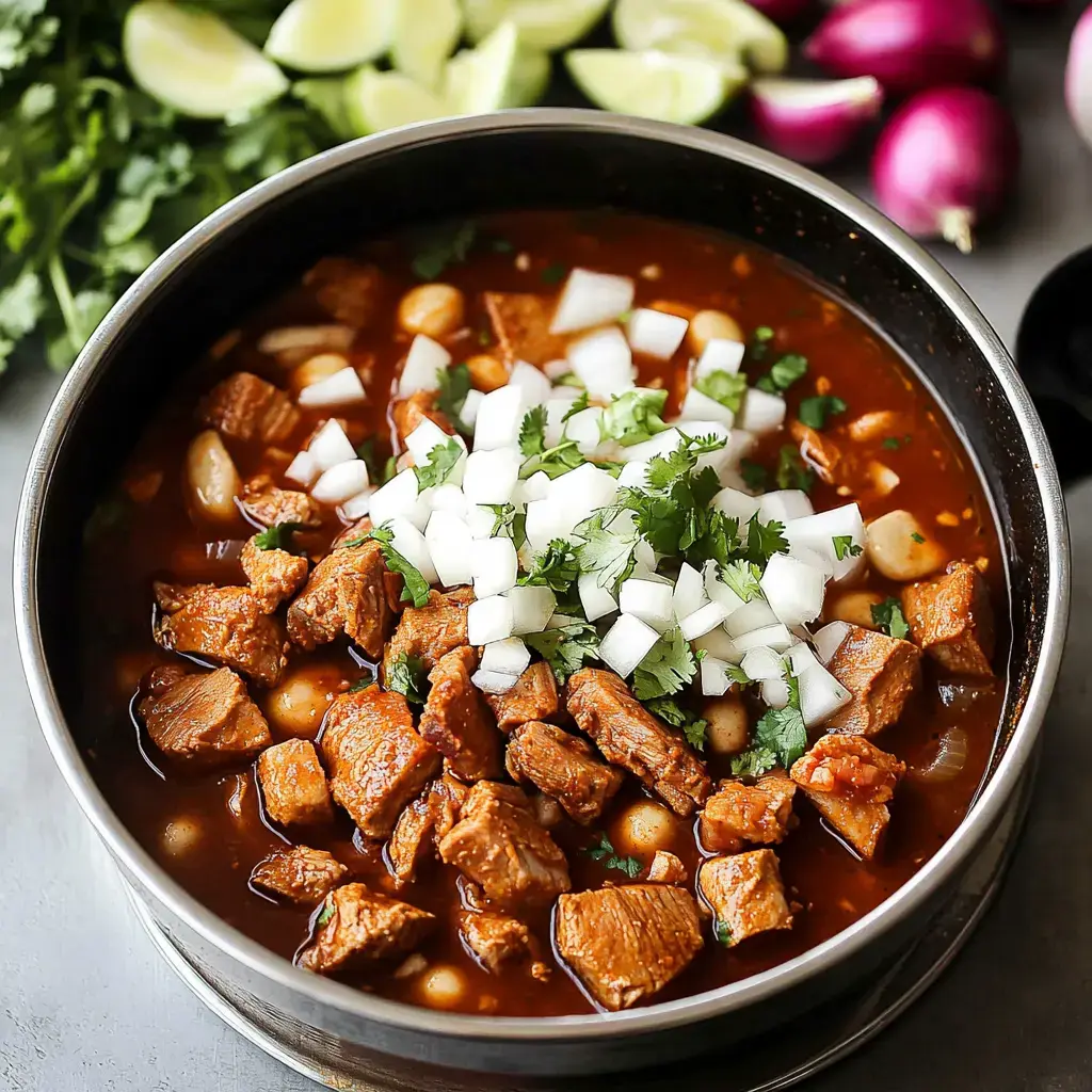 Steaming bowl loaded with tender pork and chewy hominy, topped with onions and cilantro, plus lime wedges and red onions off to the side.