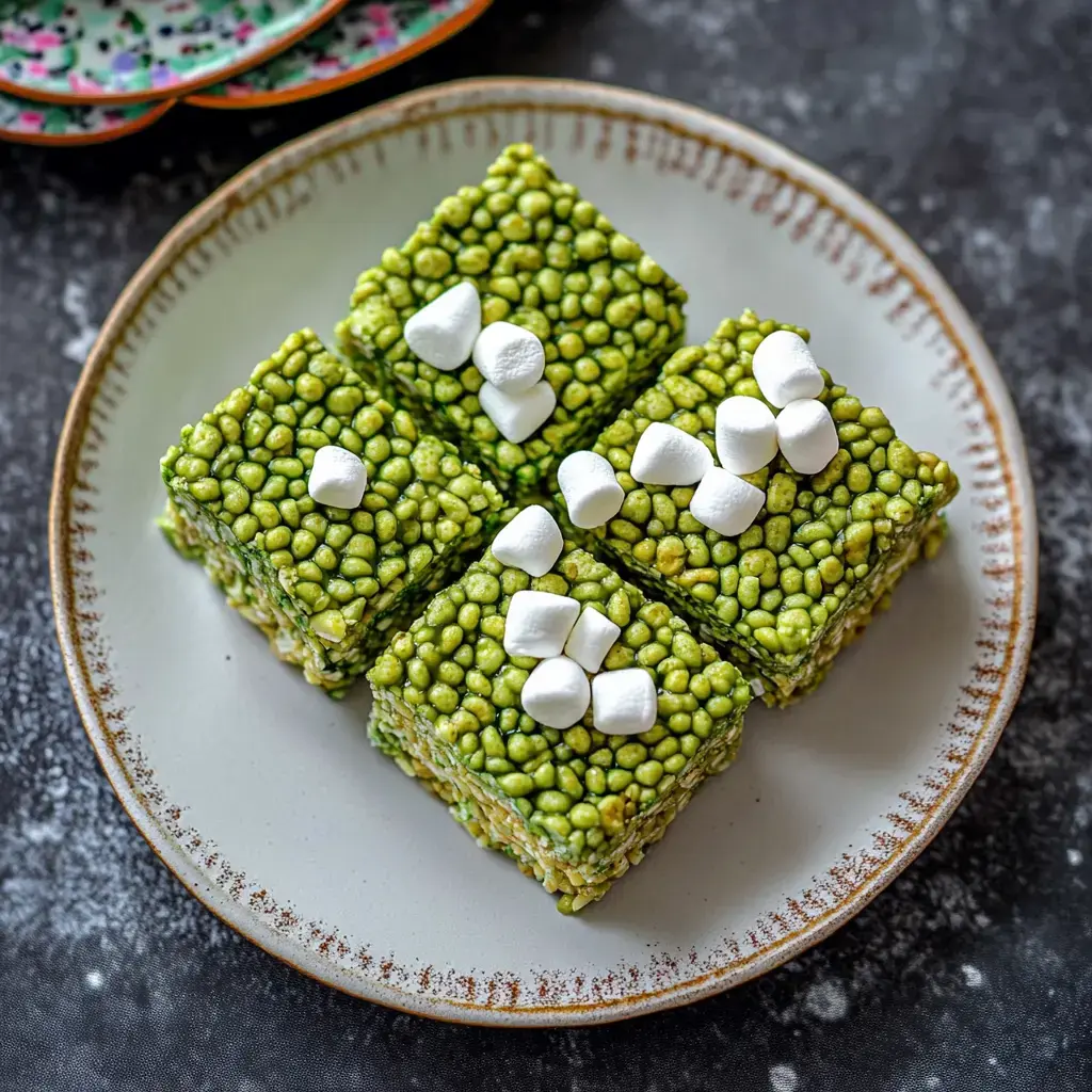 Four green bars on a plate with fluffy white marshmallows on top.