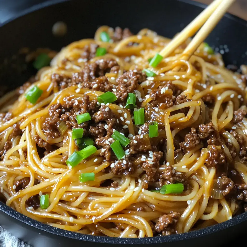 Super close view of noodles in a bowl, topped with sautéed ground meat, green onion rings, and a few sesame seeds.