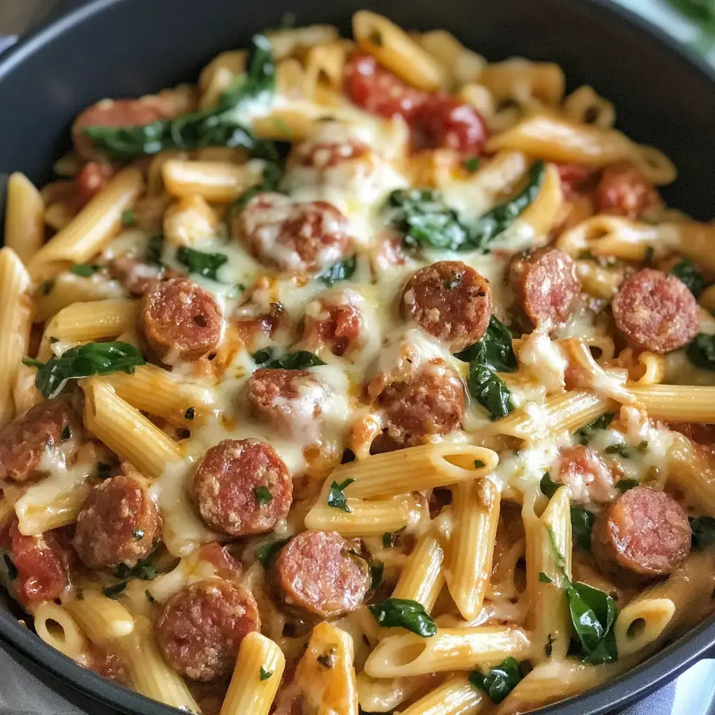 Close view of penne pasta with sausage bits, spinach, and melty cheese in a dark bowl.