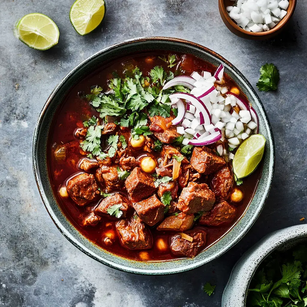 Stew in a bowl filled with juicy meat and topped with fresh cilantro, onions, and limes all on a textured gray table.
