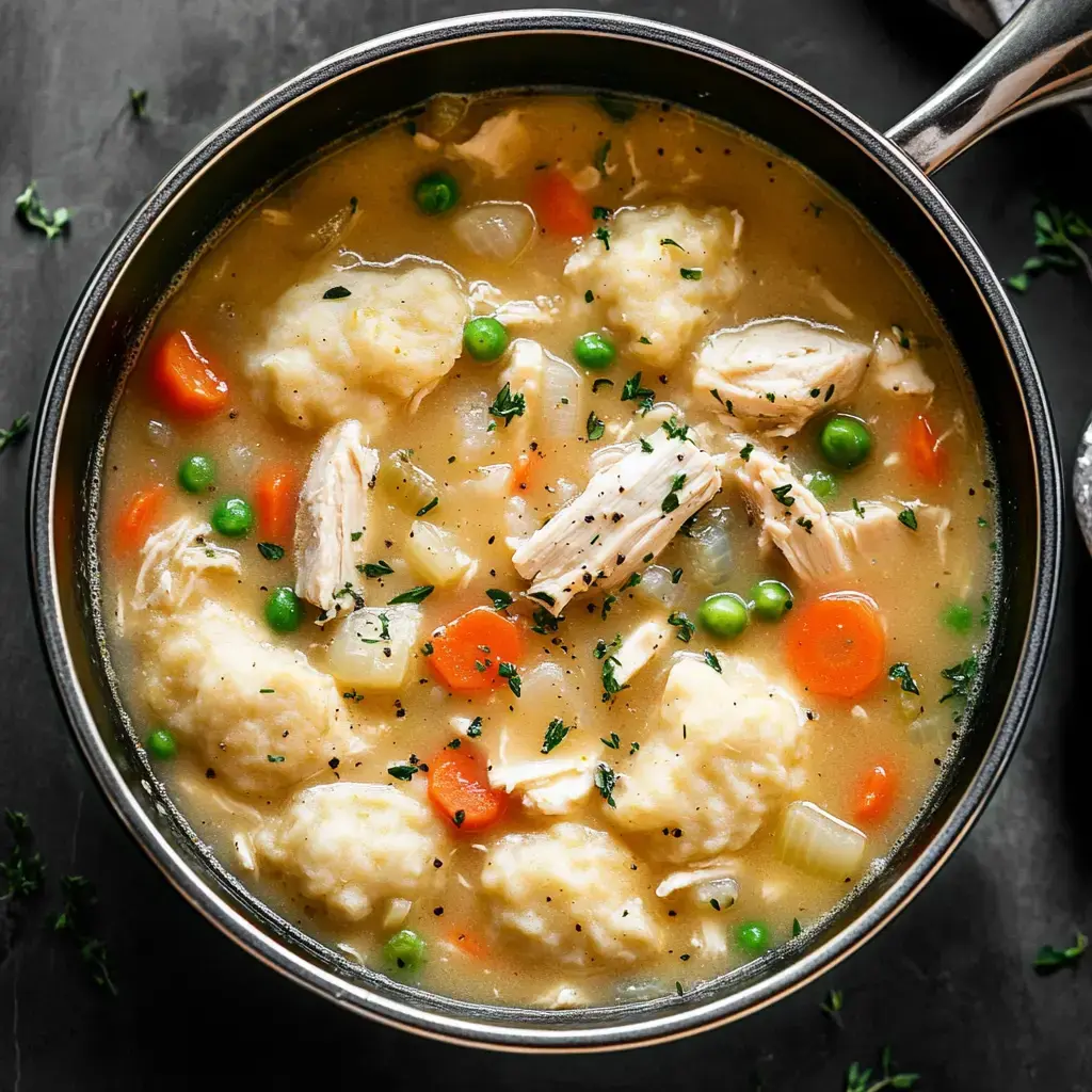 Steaming bowl packed with chicken, soft dumplings, fresh veggies, and herbs swimming in a cozy broth.