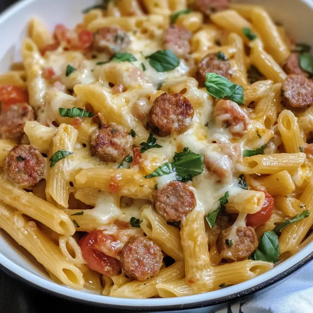 A bowl filled with pasta, sausage, bright tomatoes, gooey cheese, and basil leaves.