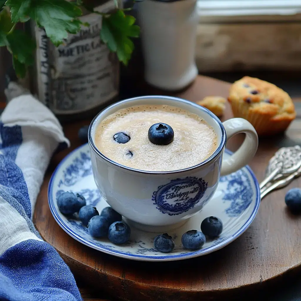 Coffee in a mug topped with blueberries, with extra berries, a muffin, and a napkin sitting on wooden table.
