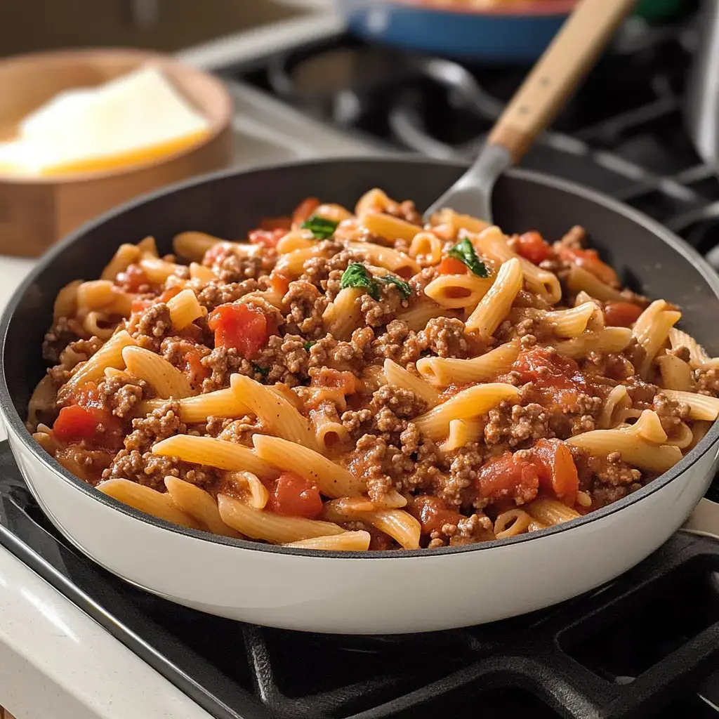 A skillet filled with penne, browned beef, tomato sauce, and fresh herbs sitting on a stove burner.