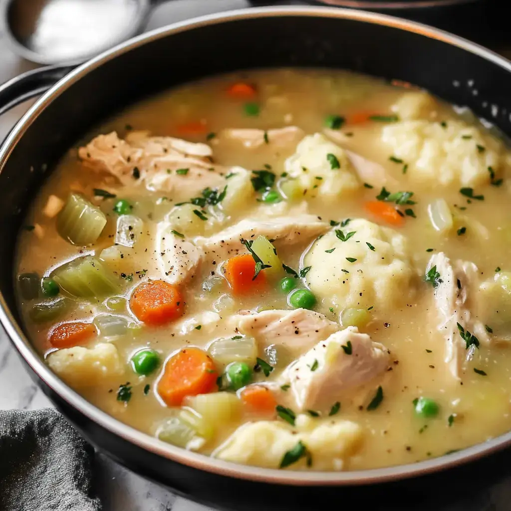 Hearty bowl filled with chicken, colorful veggies, plump dumplings, and a sprinkle of herbs—a real comfort meal.