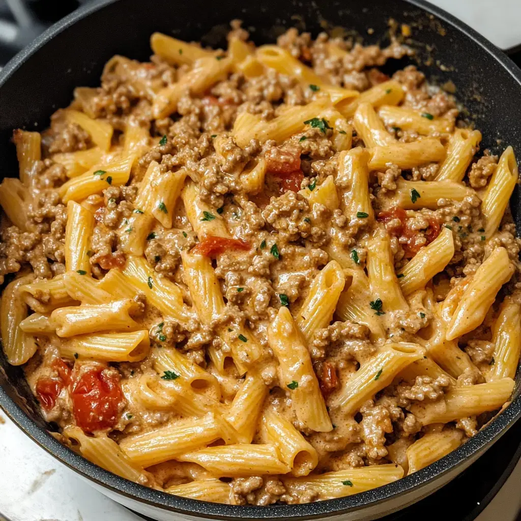 Close-up shot of creamy penne tossed with ground meat, diced tomatoes, and sprinkled parsley in a skillet.