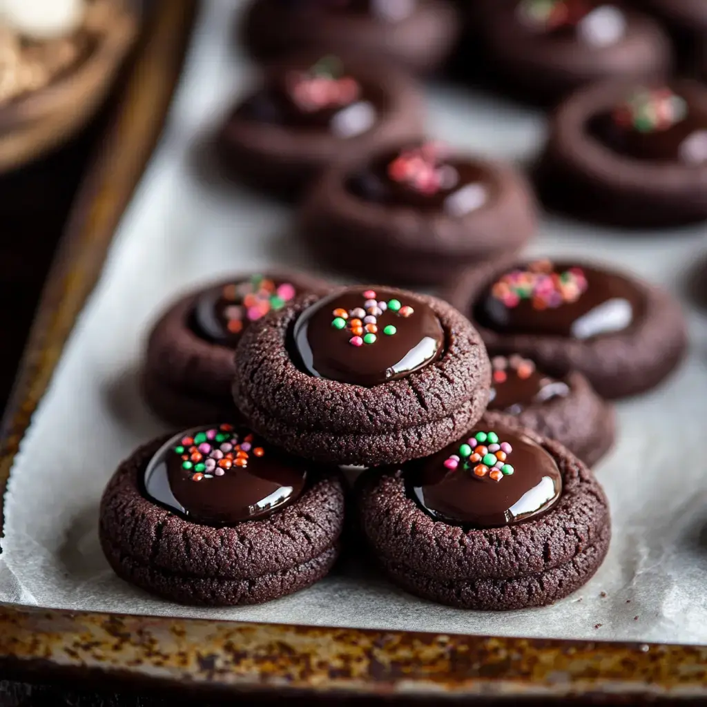 Chocolate cookies piled on a plate with glossy centers and bright sprinkles.