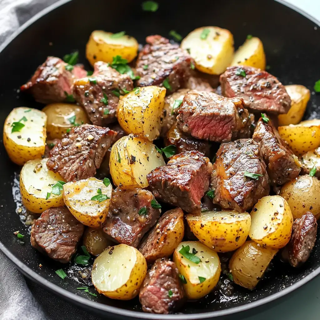 A hot skillet packed with juicy steak cubes and crispy potatoes, finished off with some chopped parsley.