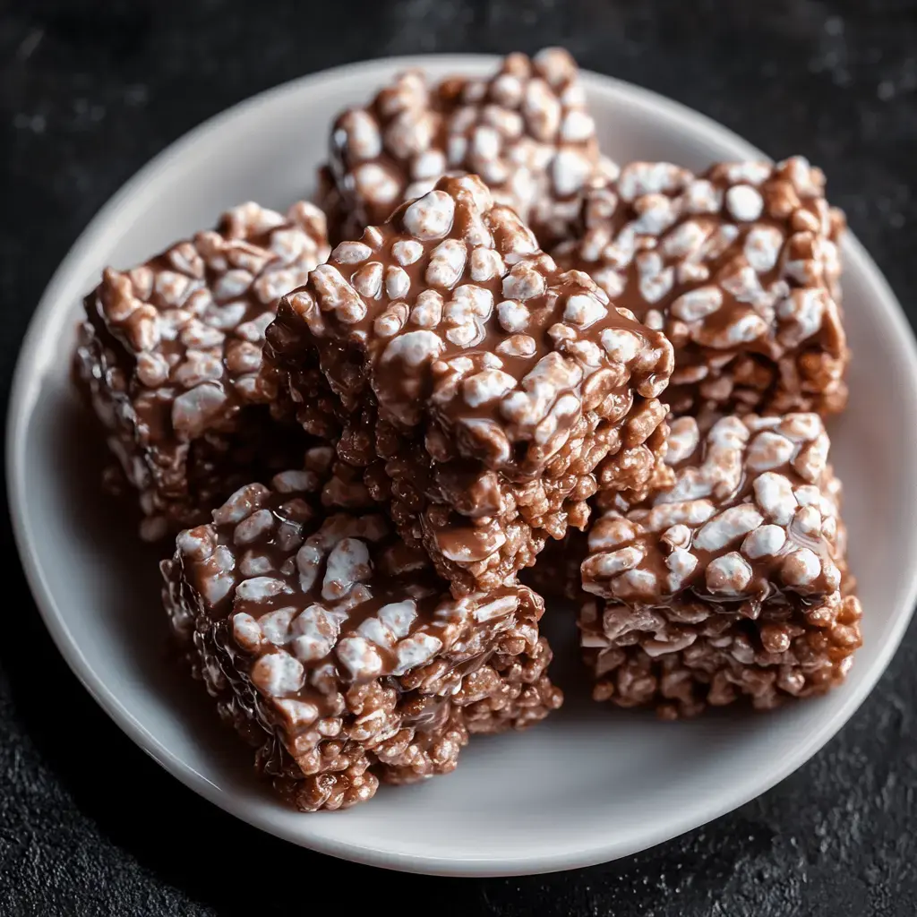 A plate filled with chocolatey rice crispy squares stacked up together.