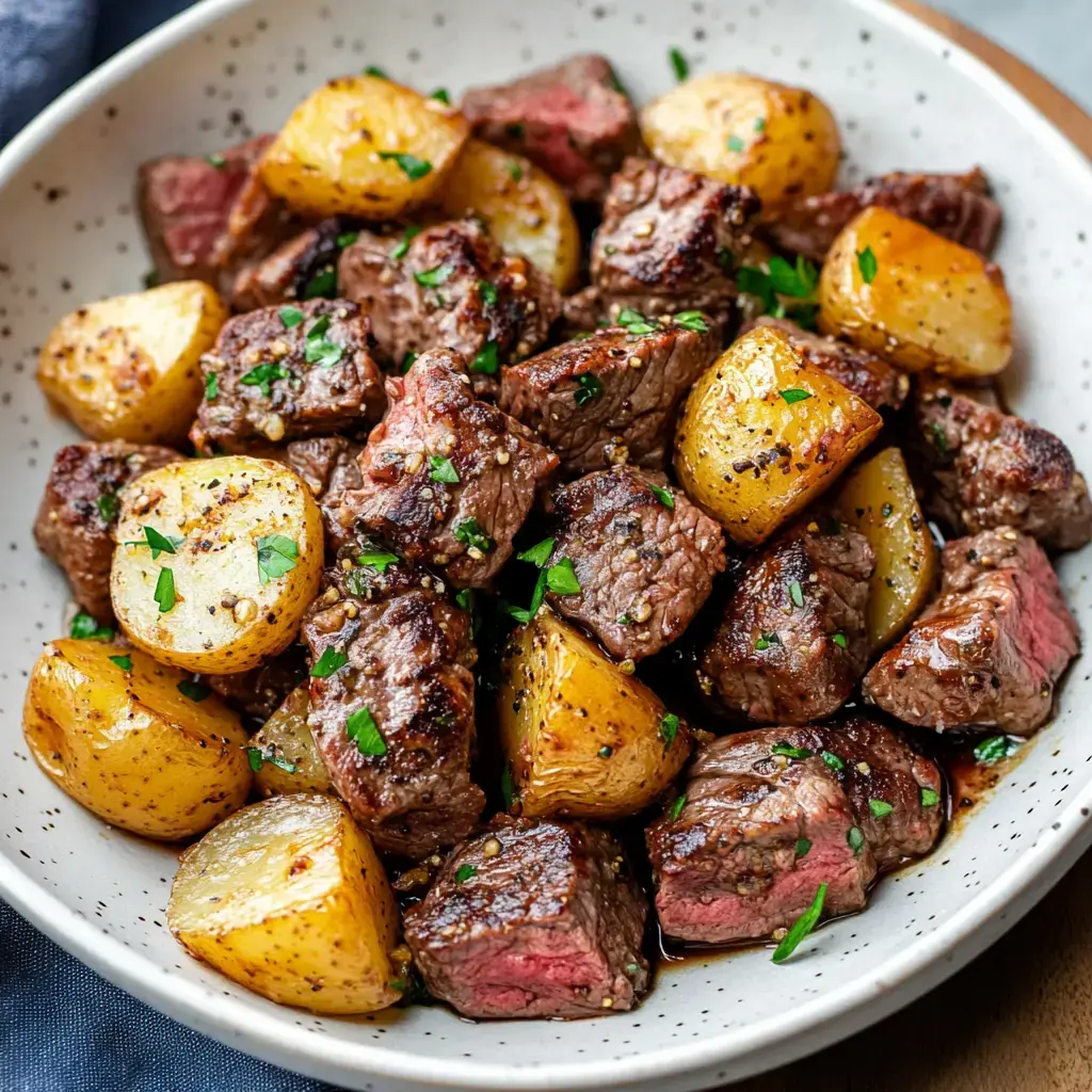 A big bowl loaded with crispy roasted potatoes and juicy beef chunks, topped with fresh parsley bits.