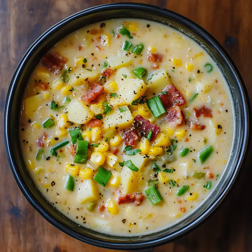 A big bowl packed with creamy potato and corn chowder, finished with green onions and bits of crispy bacon.