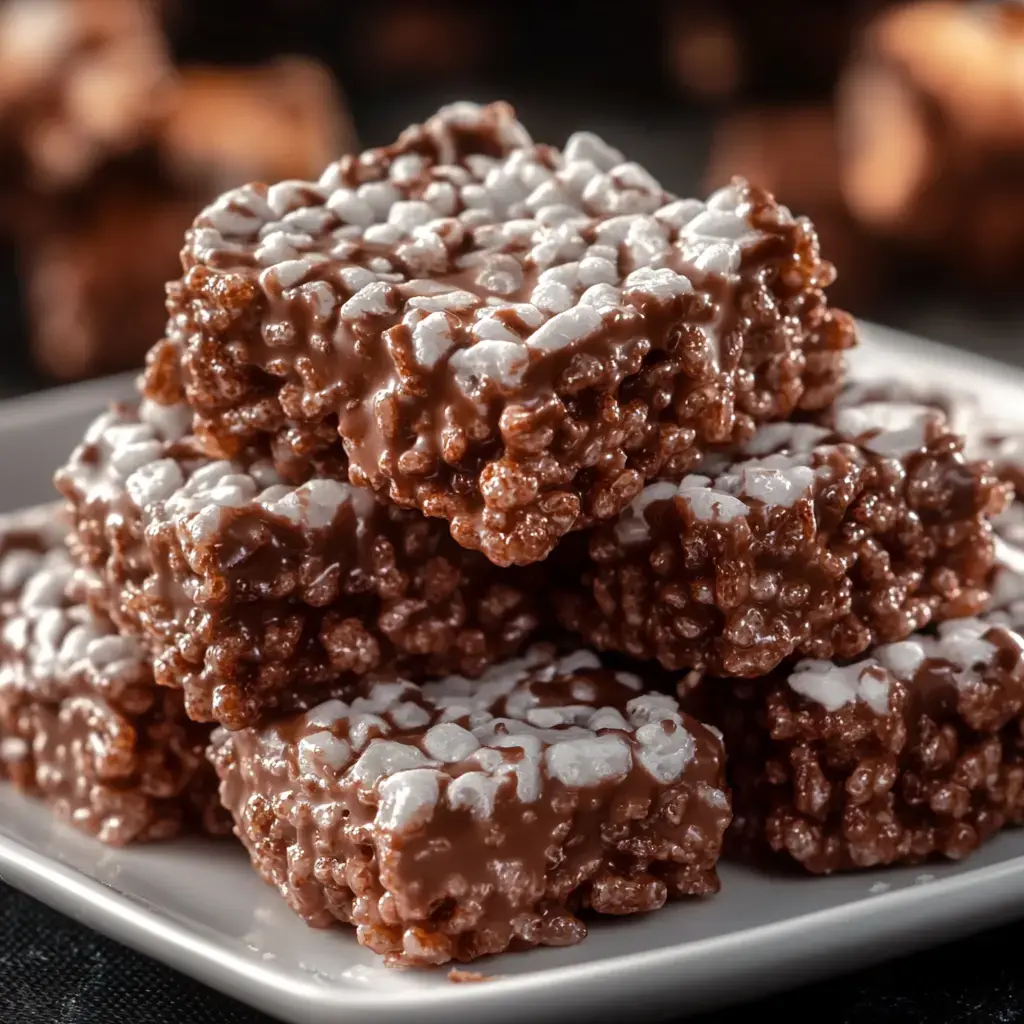 Chocolate covered rice crispy bites stacked high on a plain white plate.