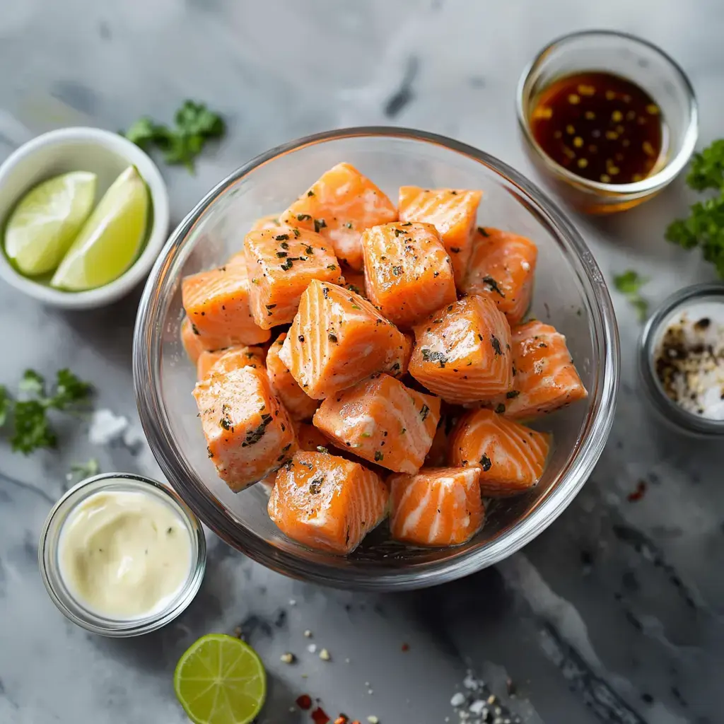 Chunks of seasoned salmon set in a glass bowl with limes and various sauces on the side.