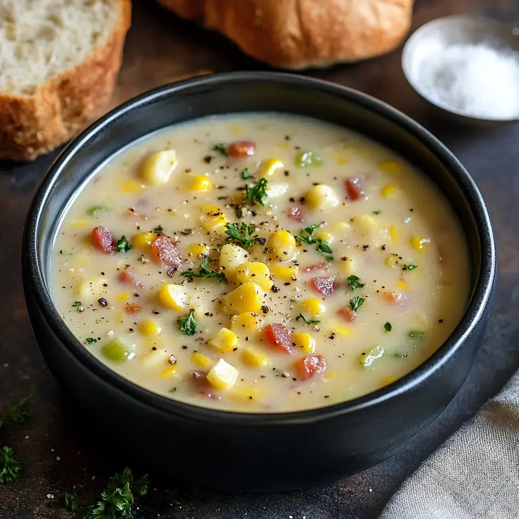 Creamy corn soup topped with parsley in a bowl, with bread slices and a salt shaker nearby.