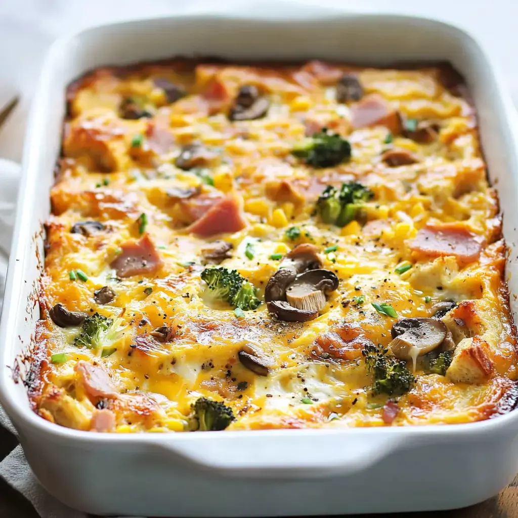 Eggs, cheese, ham, broccoli, and mushrooms baked all together in a white casserole dish.
